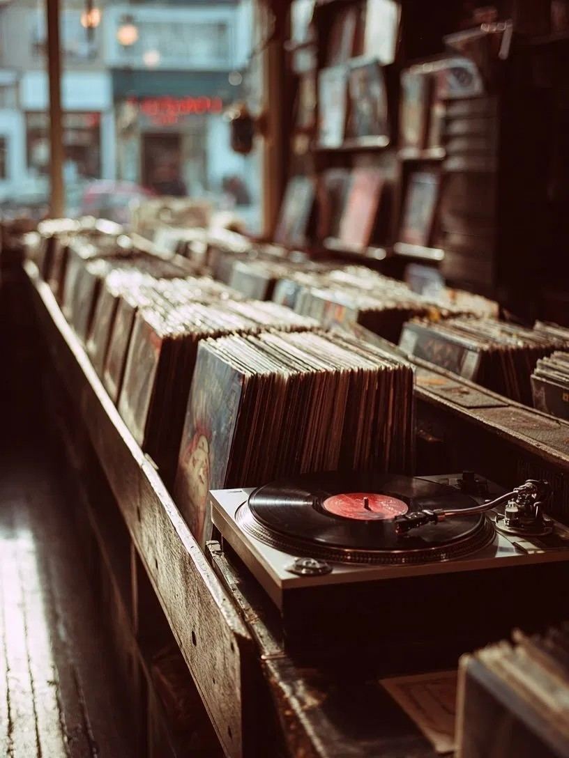 Plattenspieler mit Vinyl-Schallplatte in einem Plattenladen