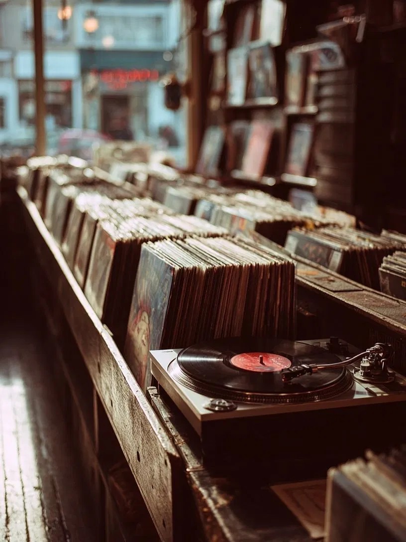Plattenspieler mit Vinyl-Schallplatte in einem Plattenladen