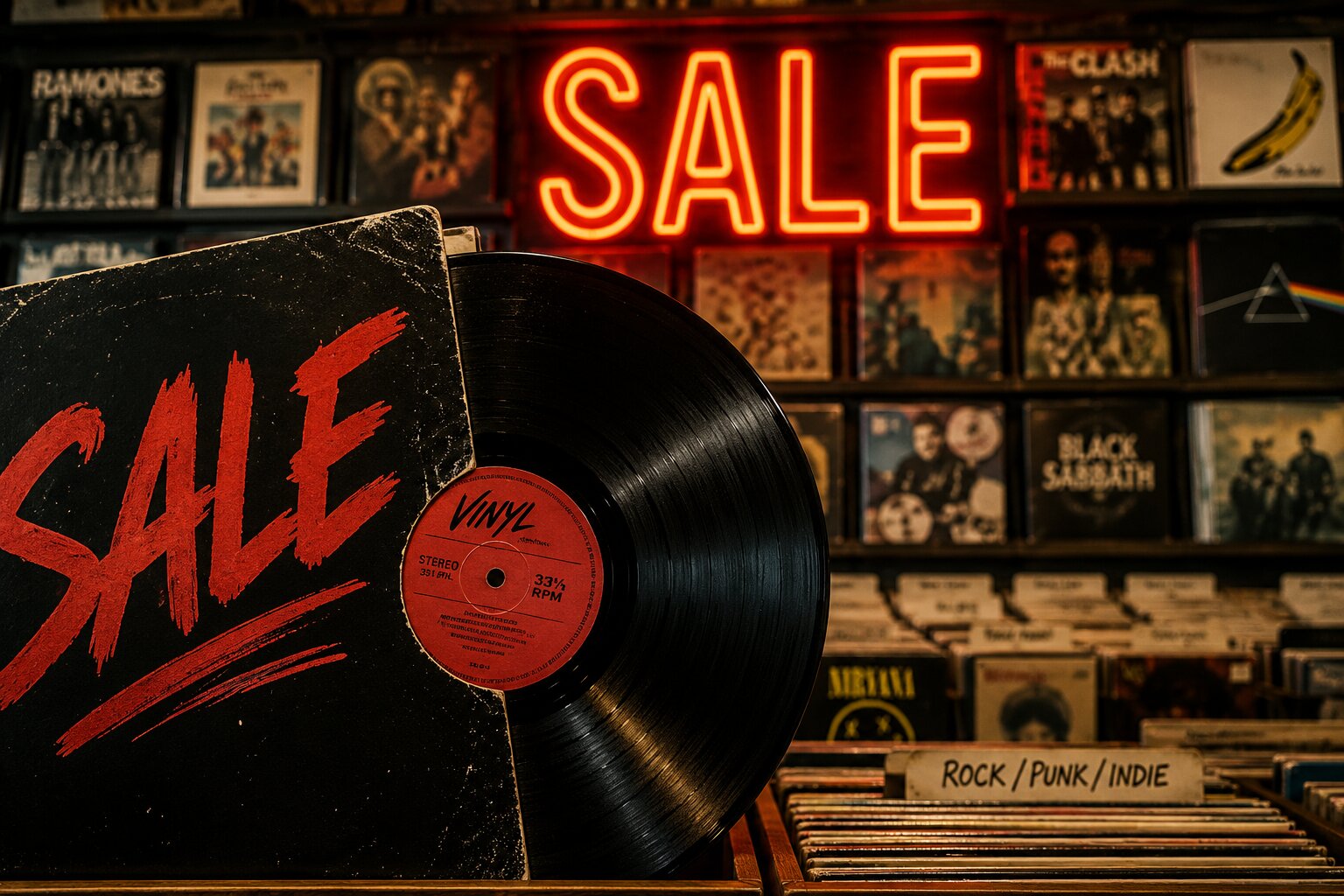 Vinyl-Schallplatte mit 'Sale'-Aufdruck vor einem Neon-Schild